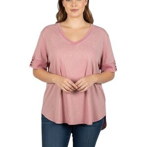 Jane and Delancey Casual Short Sleeve V Neck 2X Stonewash Pink Button Detail
